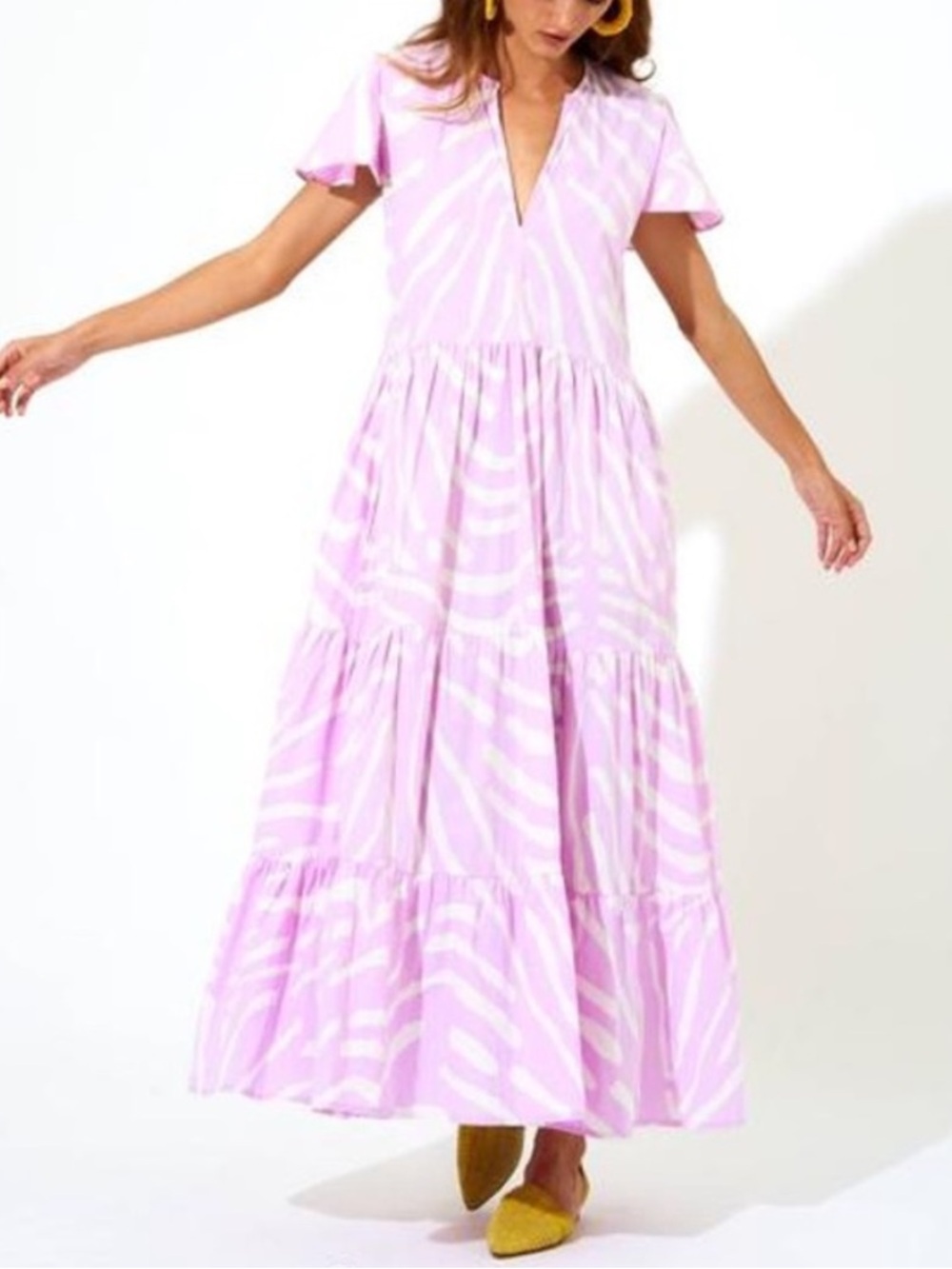 Oliphant V Neckline Lavender & White Printed Tiered Maxi Dress • NWOT